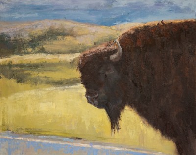 Large bison in foreground walking on the road