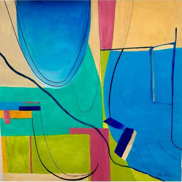 The artwork is an abstract composition featuring a dynamic arrangement of geometric shapes and flowing black lines on a canvas. Dominant colors include vibrant shades of blue, turquoise, lime green, beige, and muted pink.