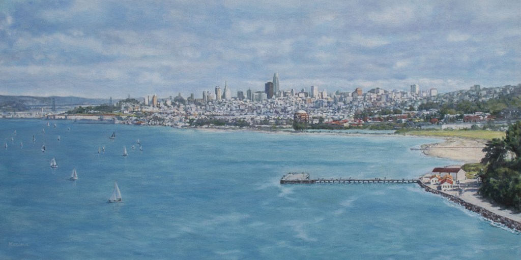 A detailed panoramic painting of the San Francisco skyline. The city skyline stretches across the middle ground, featuring a variety of buildings including distinctive high-rise structures that dominate the horizon. The painting captures the interplay of light and shadow on the water and the urban landscape, conveying a tranquil yet lively atmosphere.